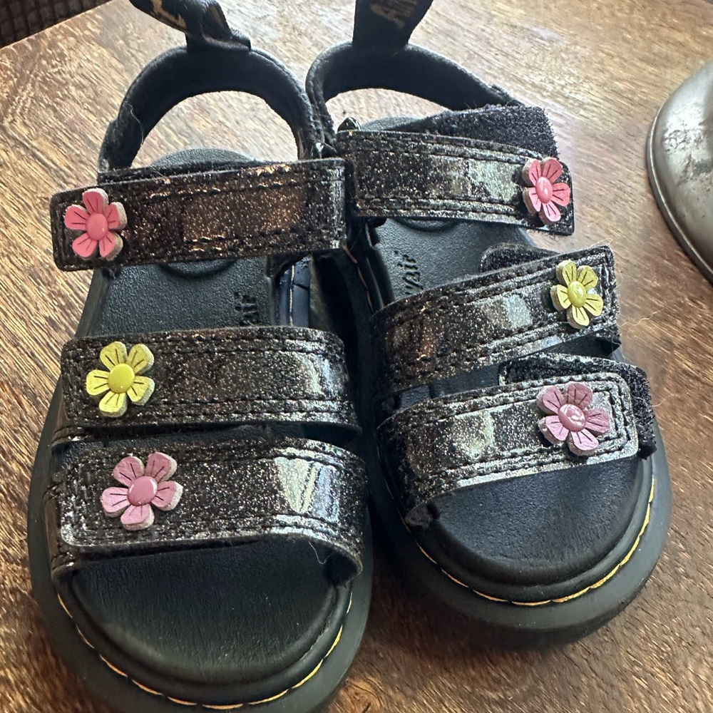 Dr. Martens Black and Pink Sandals with Floral Embellishments